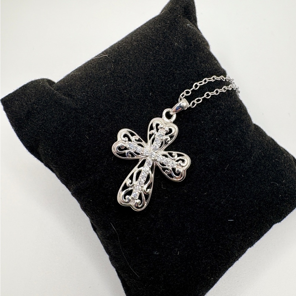 Cross Necklace 925 Sterling Silver CZ 18” Chain Inspirational Gift Faith Jewelry